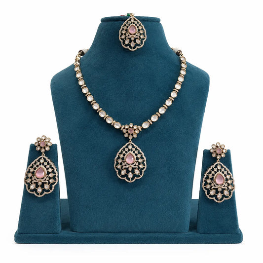 Kundan Polki CZ Jali Teardrop Pendant Necklace Set with Maang Tikka - Baby Pink | Mehendi Gold