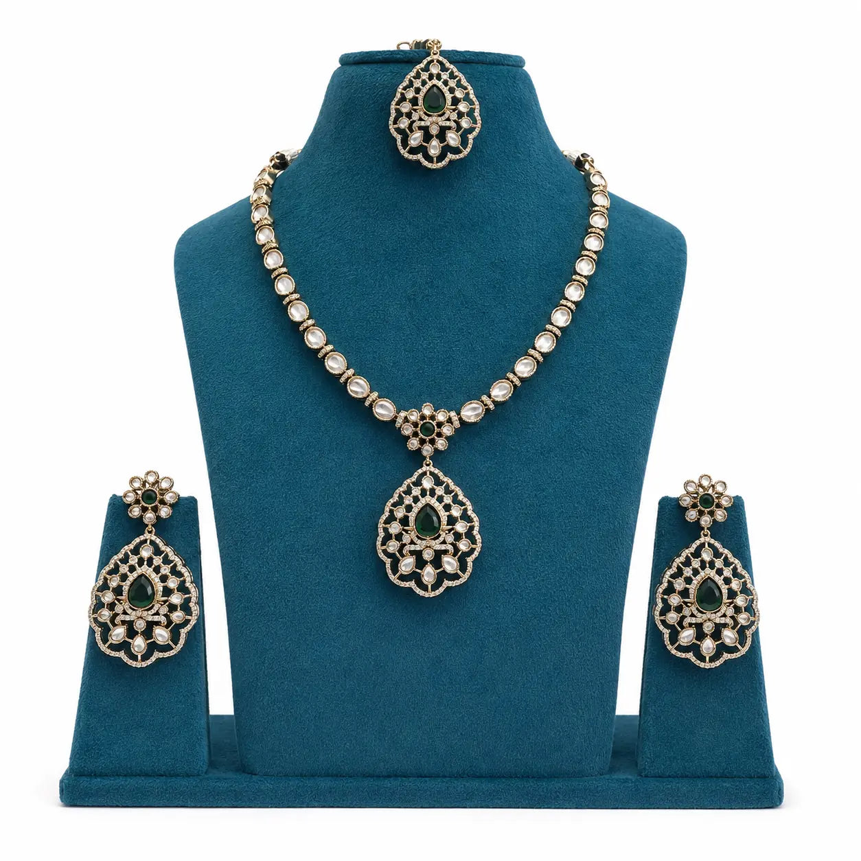 Kundan Polki CZ Jali Teardrop Pendant Necklace Set with Maang Tikka - Emerald Green | Mehendi Gold