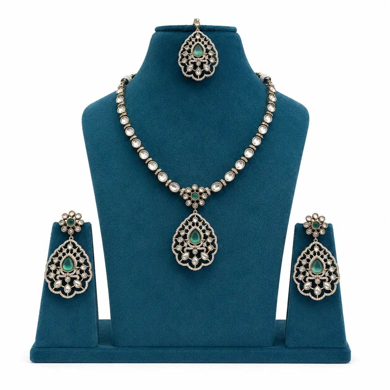 Kundan Polki CZ Jali Teardrop Pendant Necklace Set with Maang Tikka - Mint Green | Mehendi Gold