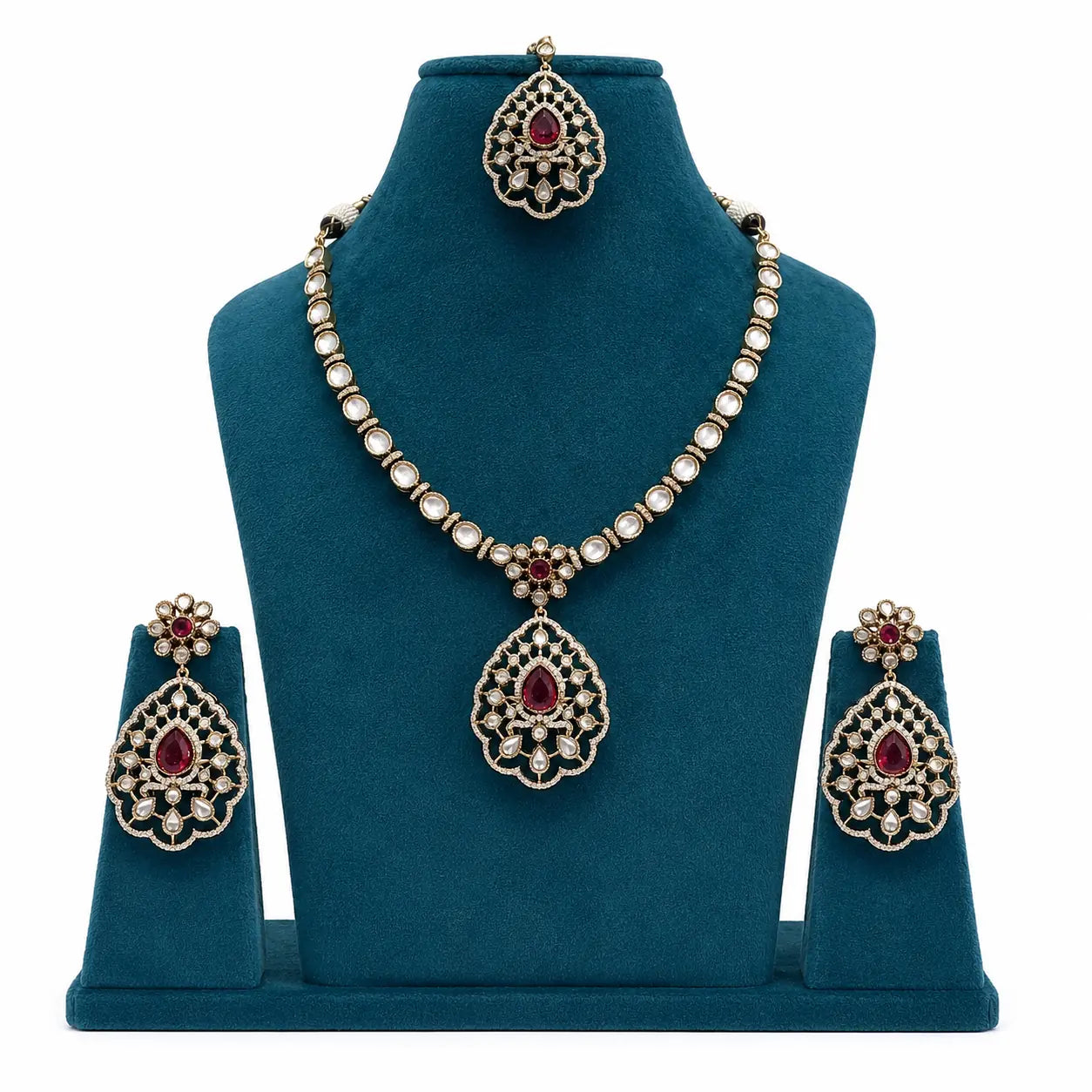 Kundan Polki CZ Jali Teardrop Pendant Necklace Set with Maang Tikka - Ruby Red | Mehendi Gold