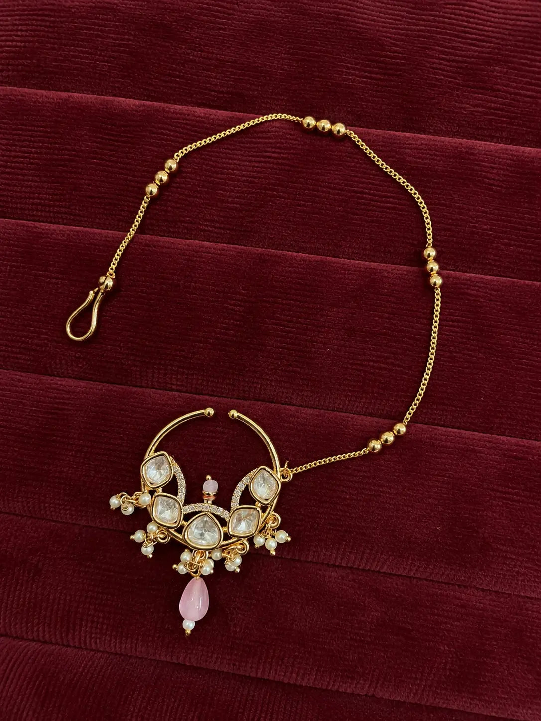 Kundan Polki Butterfly Wing Scroll Nath - Baby Pink | K Gold