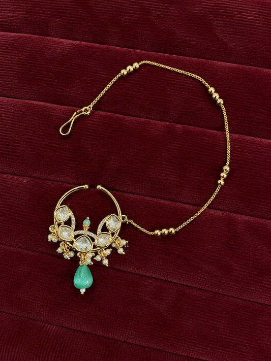 Kundan Polki Butterfly Wing Scroll Nath - Mint Green | K Gold