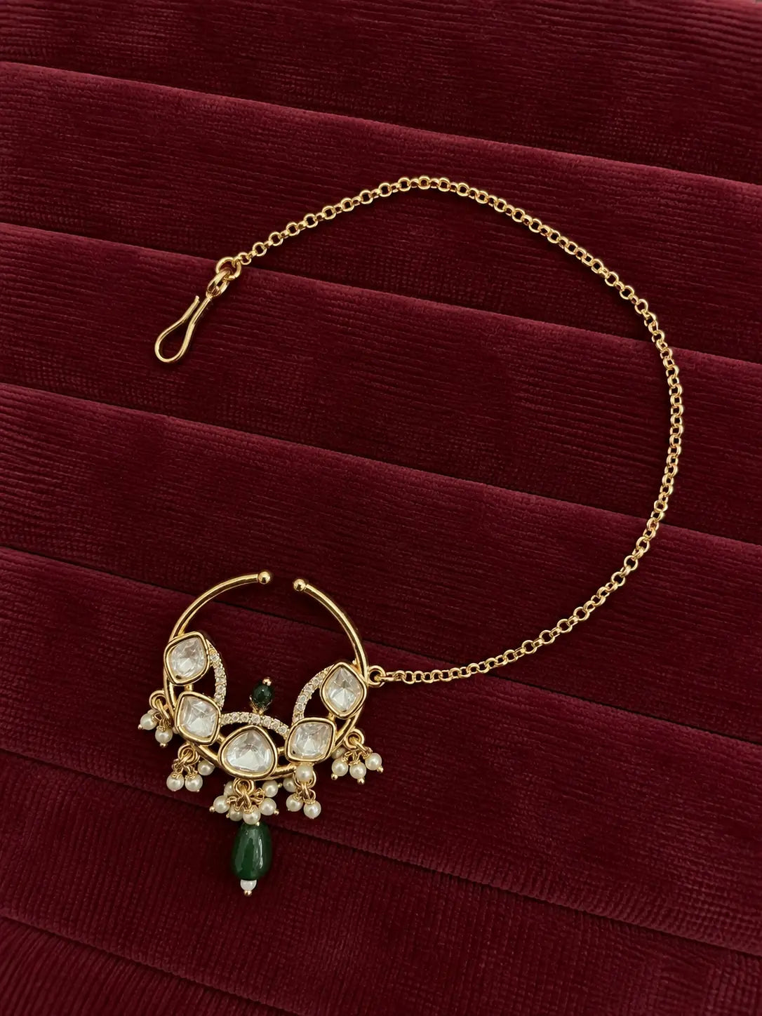 Kundan Polki Butterfly Wing Scroll Nath - Emerald Green | K Gold