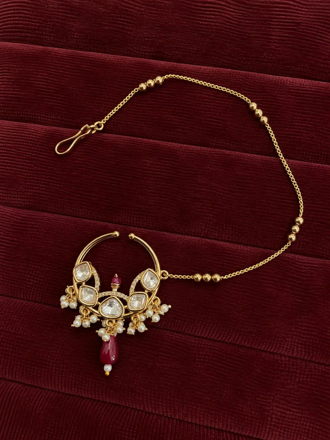 Kundan Polki Butterfly Wing Scroll Nath - Ruby Red | K Gold