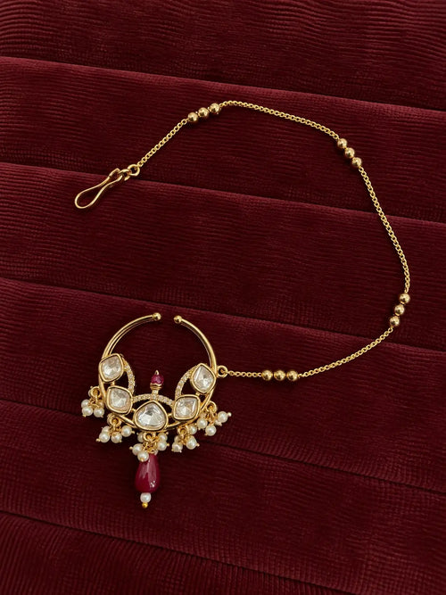 Kundan Polki Butterfly Wing Scroll Nath - Ruby Red | K Gold