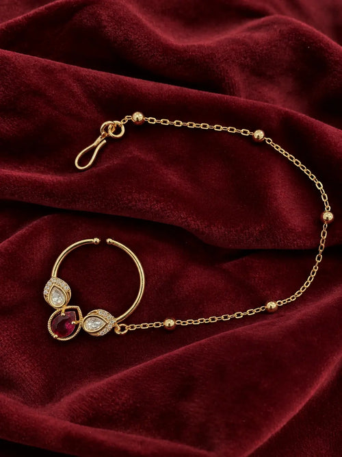 Kundan Polki CZ Trefoil Pear Nath - Ruby Red | K Gold