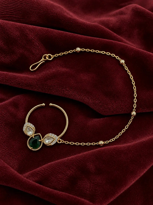 Kundan Polki CZ Trefoil Pear Nath - Emerald Green | K Gold