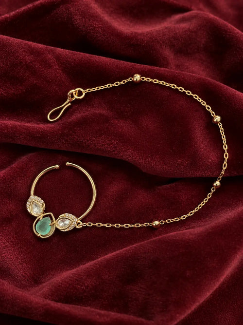 Kundan Polki CZ Trefoil Pear Nath - Mint Green | K Gold