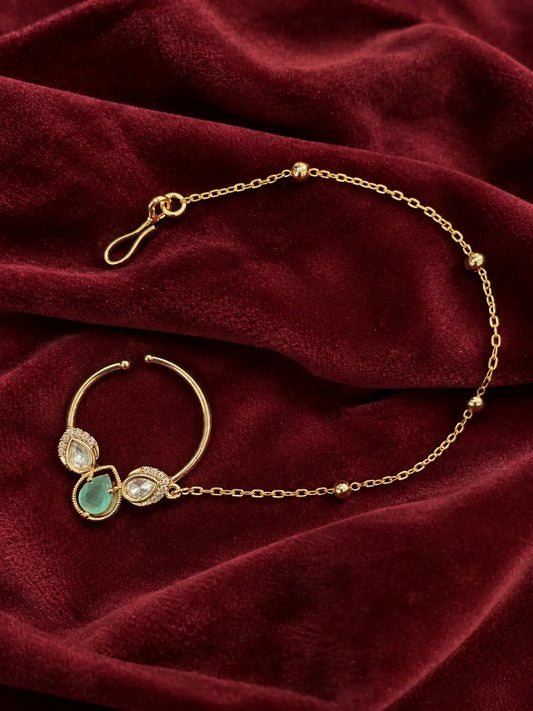 Kundan Polki CZ Trefoil Pear Nath - Mint Green | K Gold