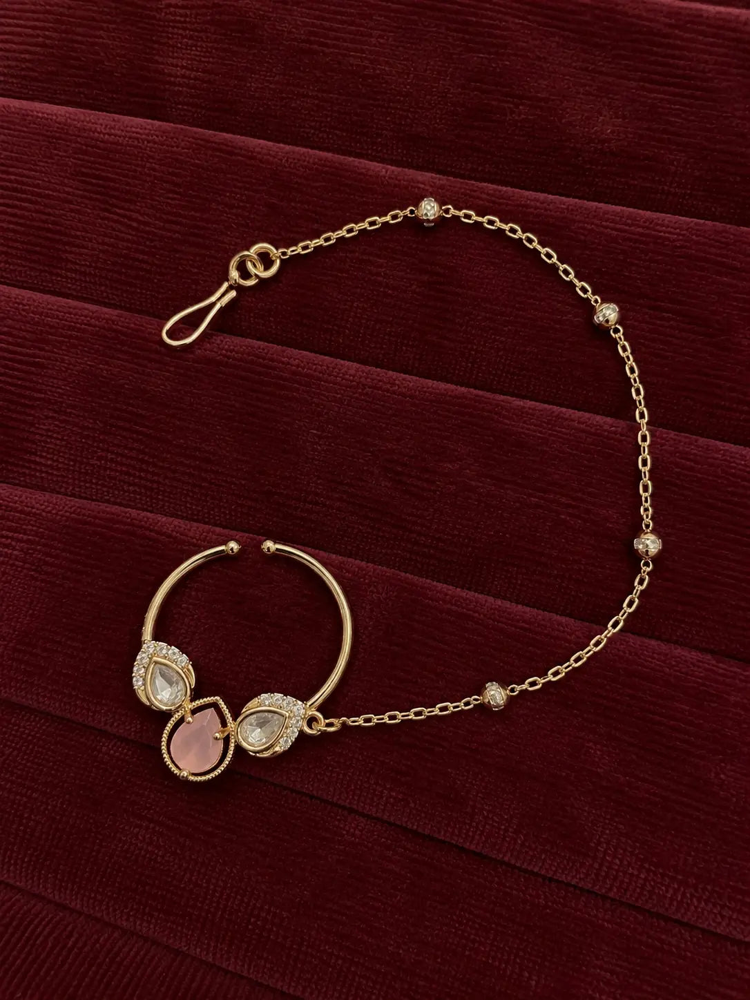 Kundan Polki CZ Trefoil Pear Nath - Baby Pink | K Gold