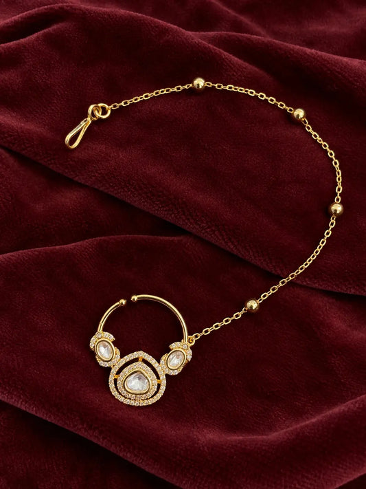 Kundan Polki CZ Orbital Double Halo Nath - White | K Gold