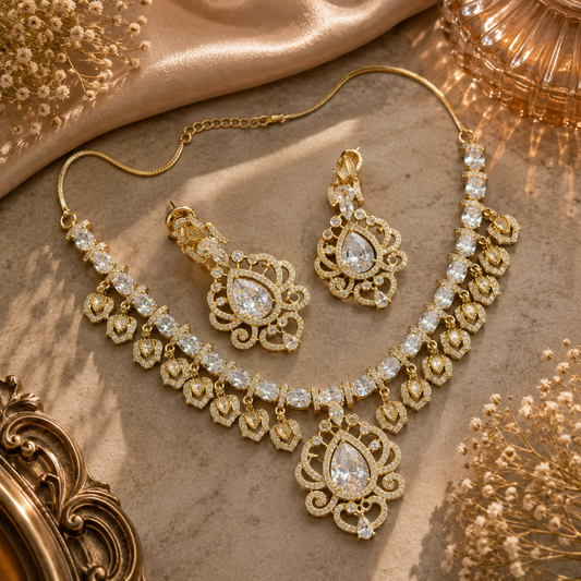 CZ Teardrop Scrollwork Medallion Necklace Set | K Gold & Mehendi Gold