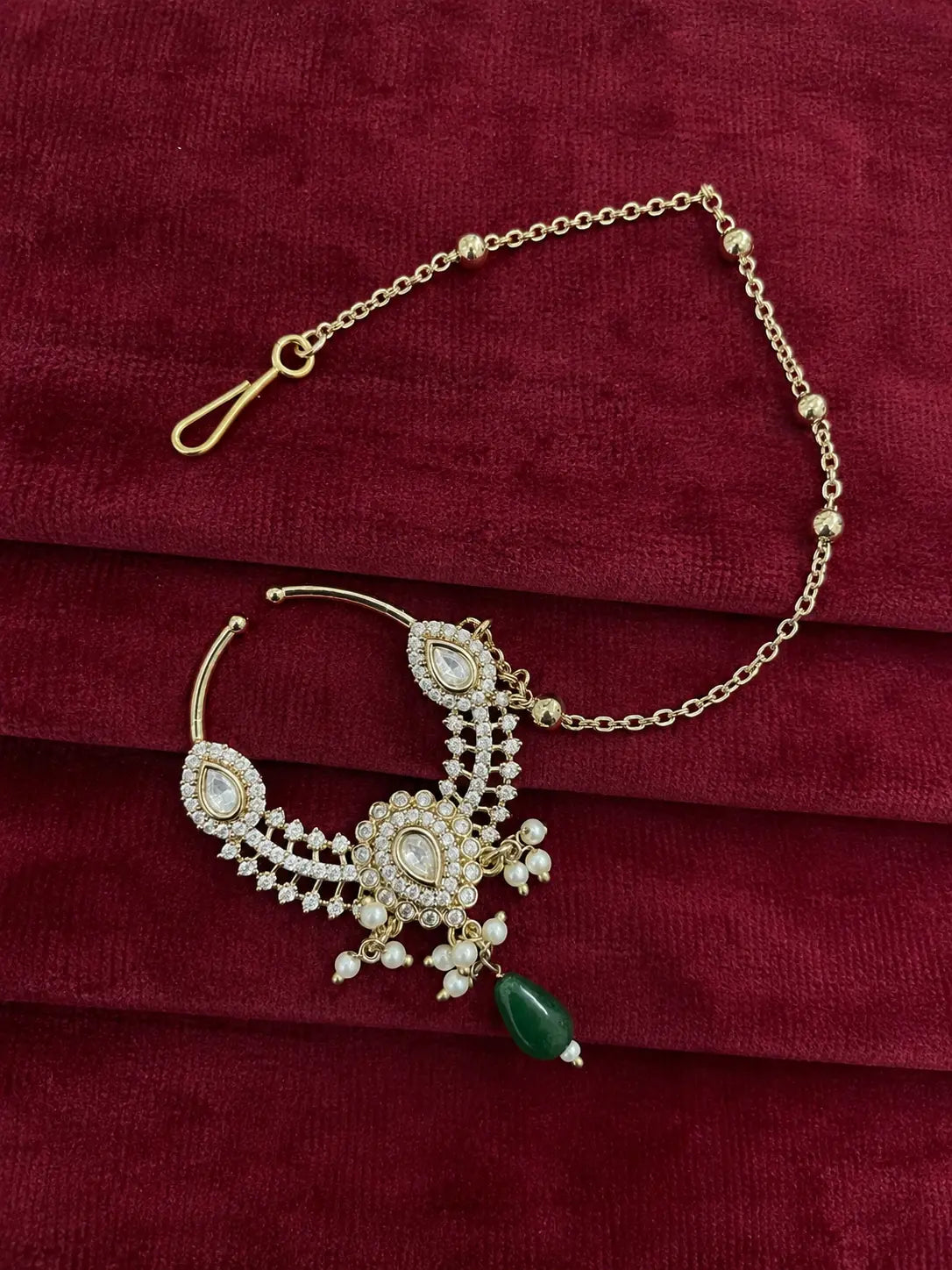 Kundan Polki AD Crescent Bib Nath - Emerald Green | Mehendi Gold