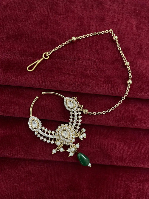 Kundan Polki AD Crescent Bib Nath - Emerald Green | Mehendi Gold