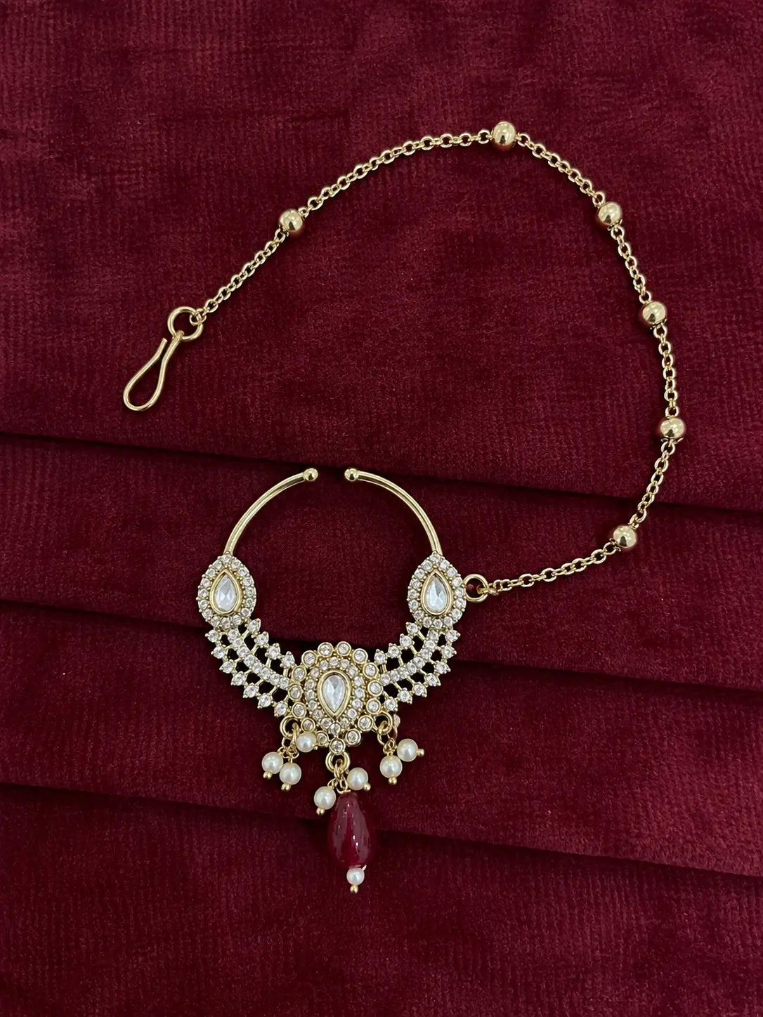 Kundan Polki AD Crescent Bib Nath - Ruby Red | Mehendi Gold