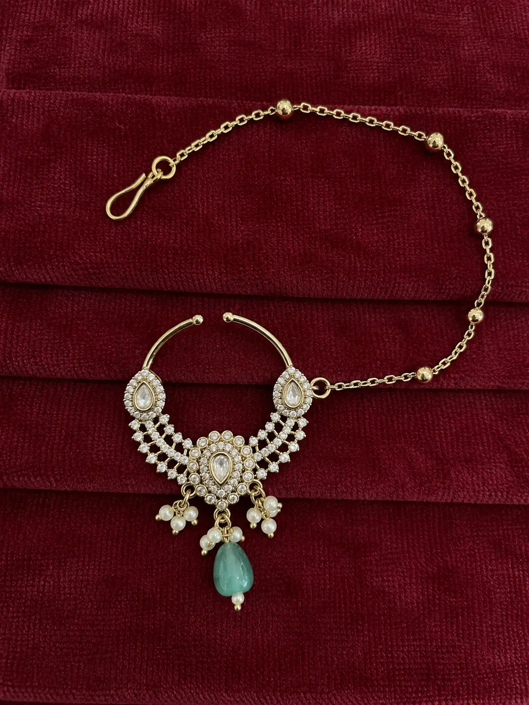 Kundan Polki AD Crescent Bib Nath - Mint Green | Mehendi Gold