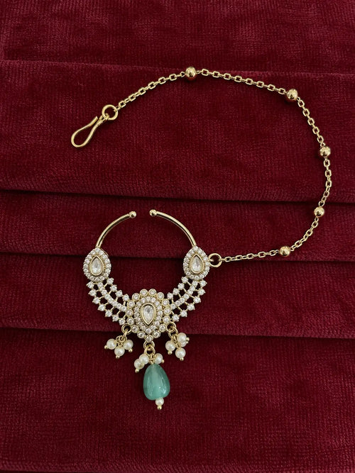 Kundan Polki AD Crescent Bib Nath - Mint Green | Mehendi Gold