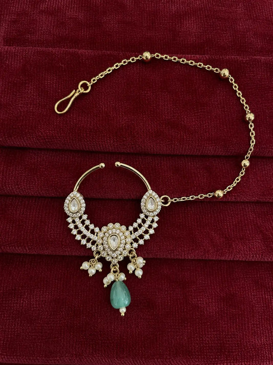 Kundan Polki AD Crescent Bib Nath - Mint Green | Mehendi Gold