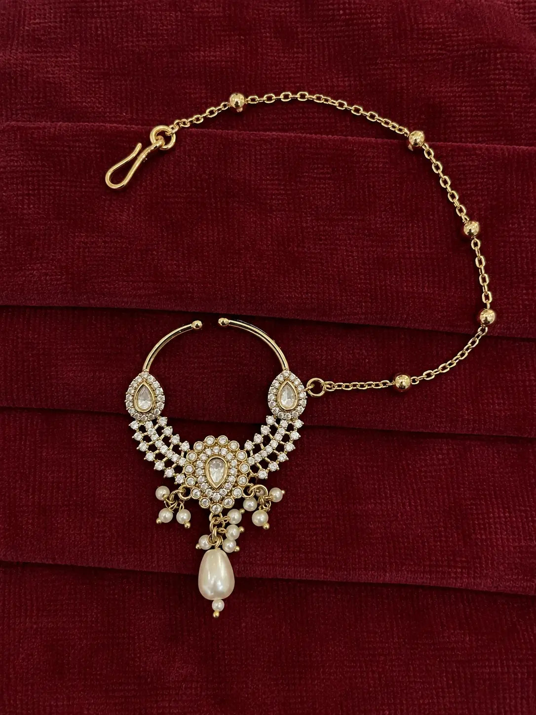 Kundan Polki AD Crescent Bib Nath - White | Mehendi Gold