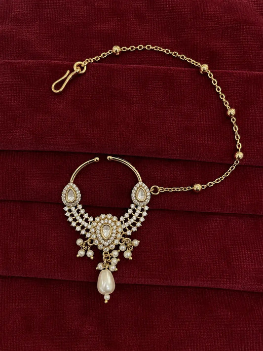 Kundan Polki AD Crescent Bib Nath - White | Mehendi Gold