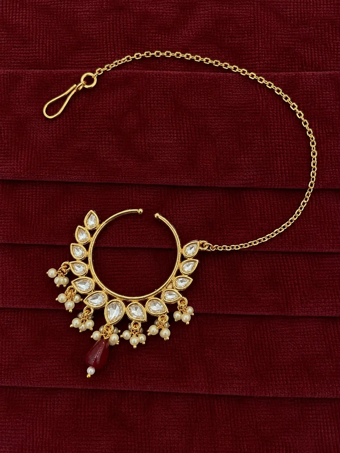 Kundan Polki Crescent Fan Pearl Drop Nath - Ruby Red | K Gold
