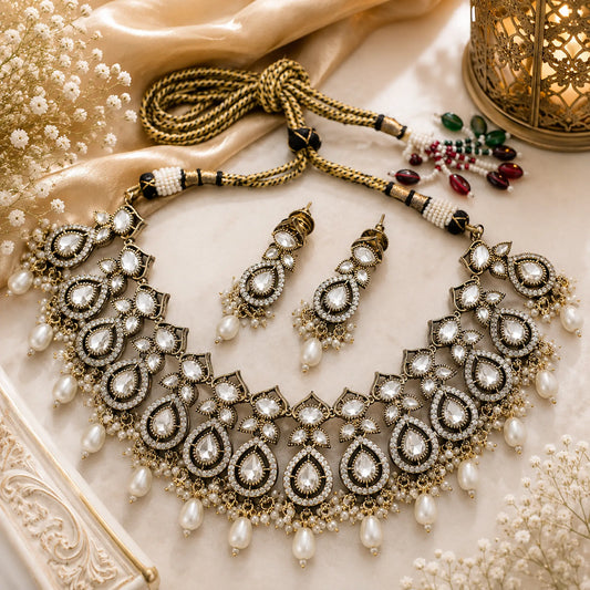 Kundan Polki Teardrop Oval Cascade Necklace Set - White | Antique Gold