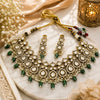 Kundan Polki Teardrop Oval Cascade Necklace Set - Emerald Green | Antique Gold