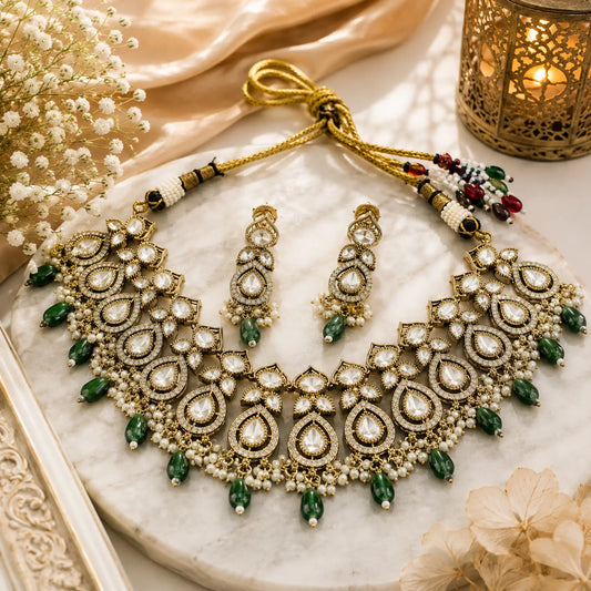 Kundan Polki Teardrop Oval Cascade Necklace Set - Emerald Green | Antique Gold