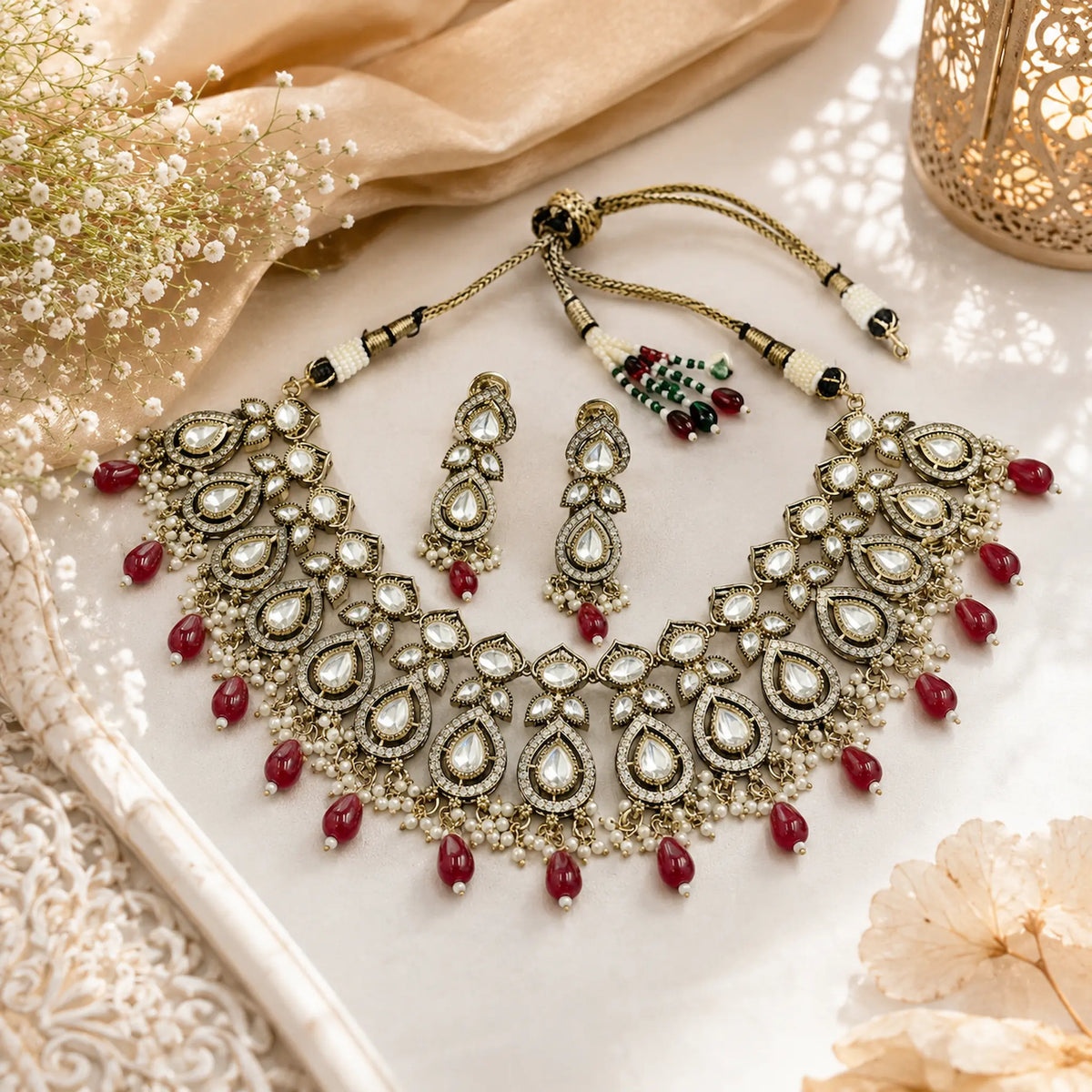 Kundan Polki Teardrop Oval Cascade Necklace Set - Ruby Red | Antique Gold
