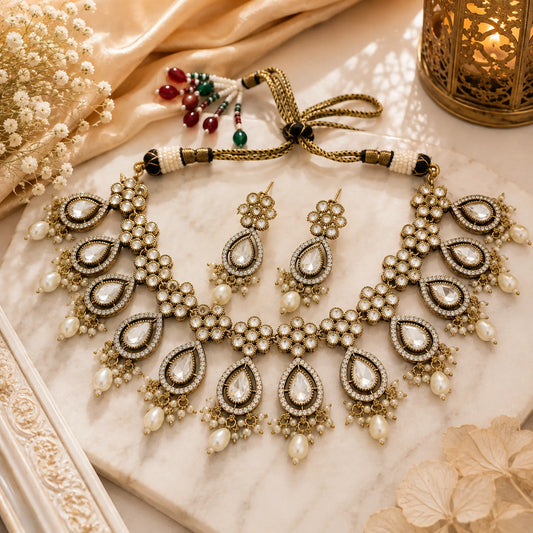 Kundan Polki Teardrop Floral Drop Necklace Set - White | Antique Gold