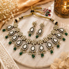 Kundan Polki Teardrop Floral Drop Necklace Set - Emerald Green | Antique Gold
