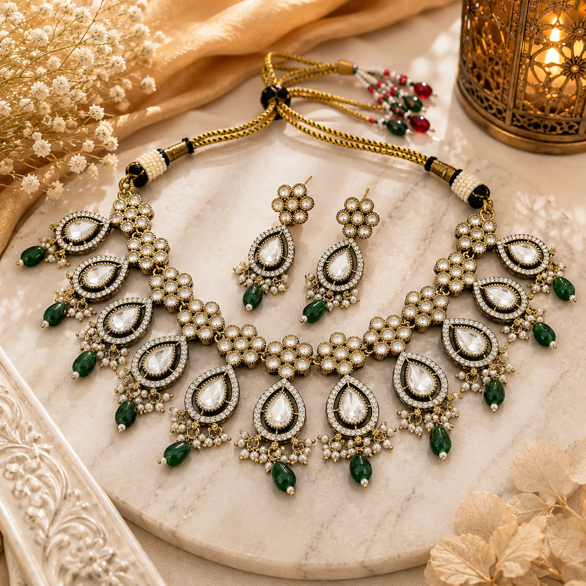 Kundan Polki Teardrop Floral Drop Necklace Set - Emerald Green | Antique Gold
