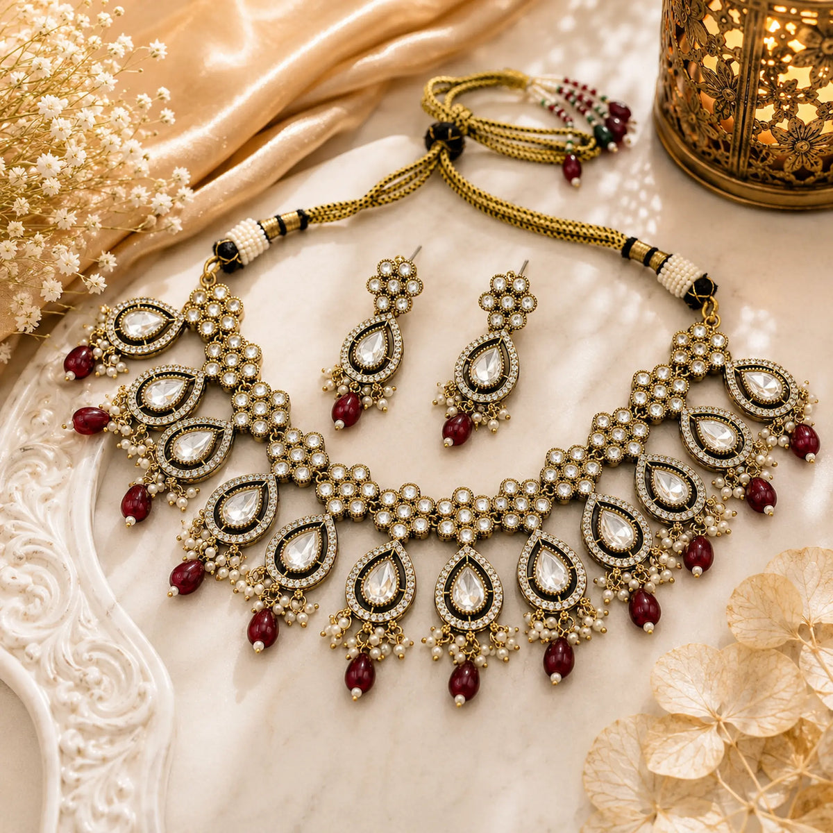Kundan Polki Teardrop Floral Drop Necklace Set - Ruby Red | Antique Gold