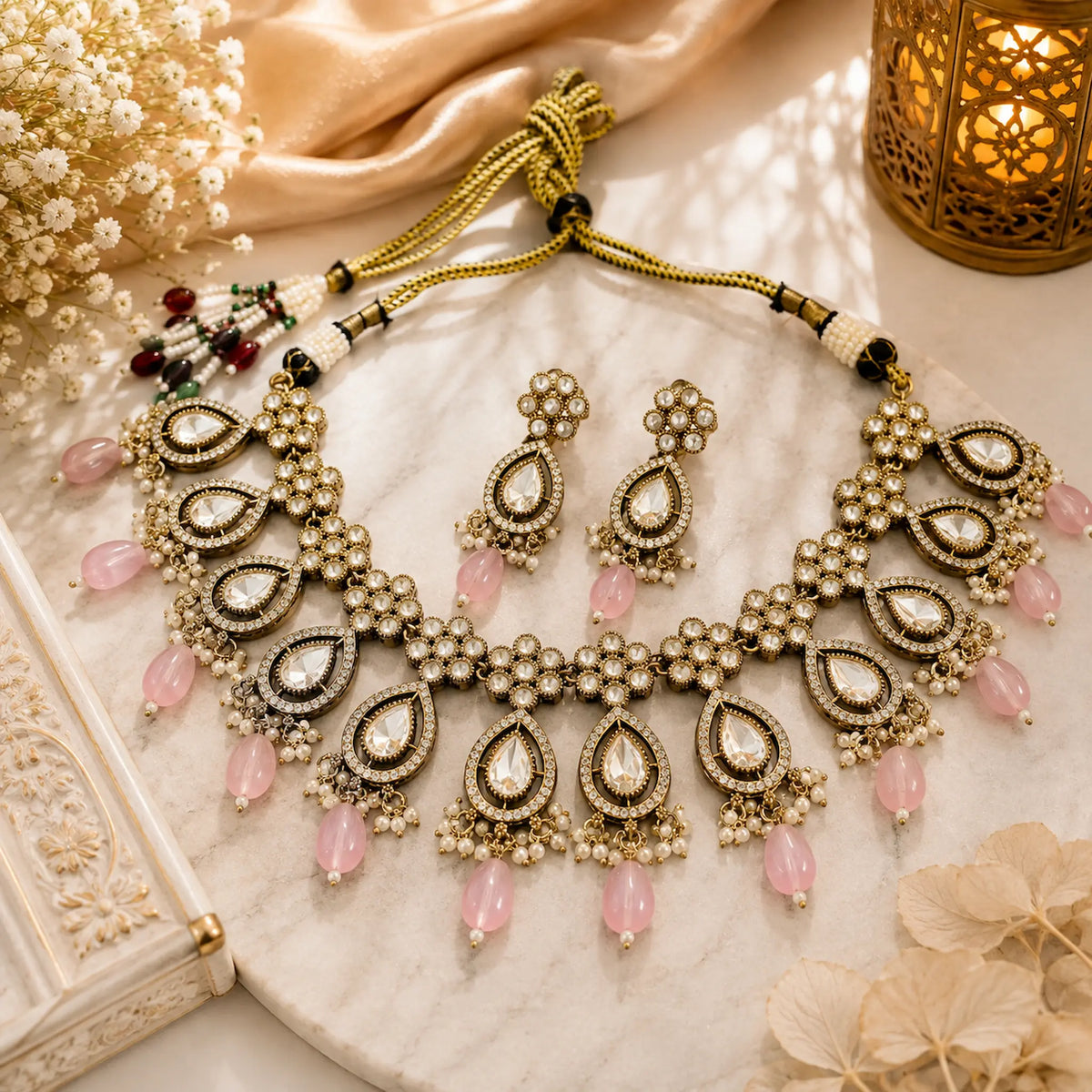 Kundan Polki Teardrop Floral Drop Necklace Set - Baby Pink | Antique Gold
