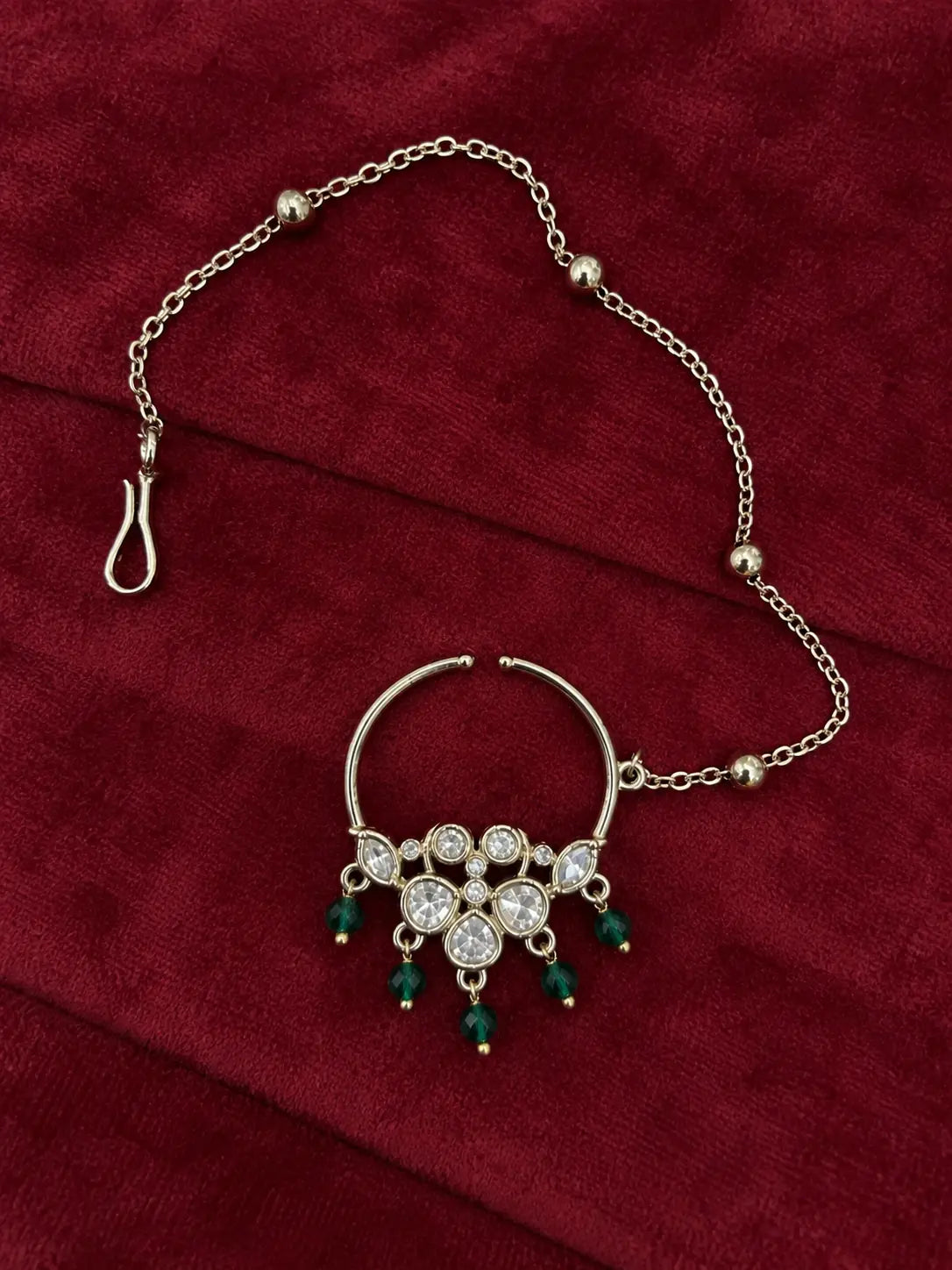 Kundan Polki Five Stone Floral Nath - Emerald Green | Mehendi Gold