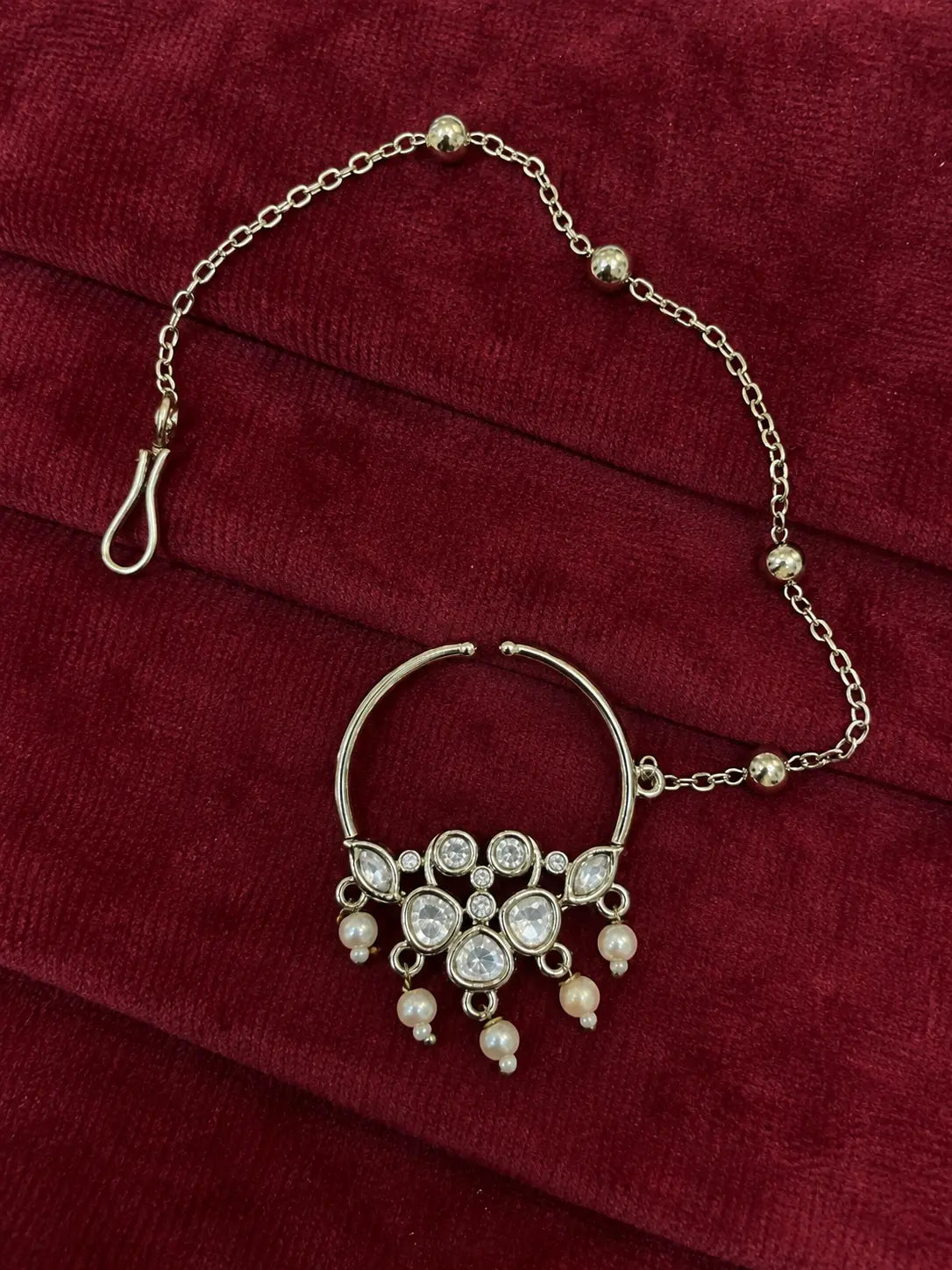 Kundan Polki Five Stone Floral Nath - White | Mehendi Gold