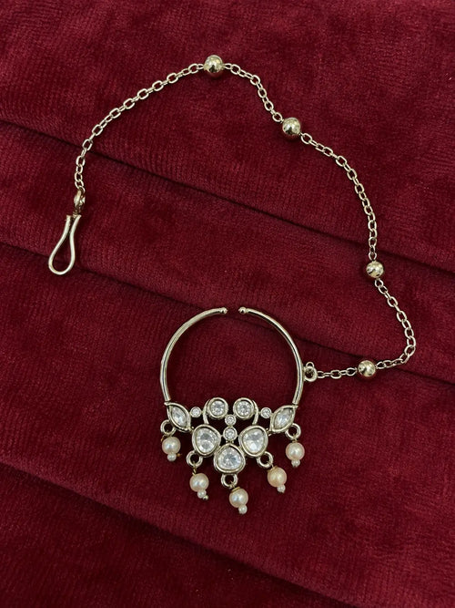 Kundan Polki Five Stone Floral Nath - White | Mehendi Gold