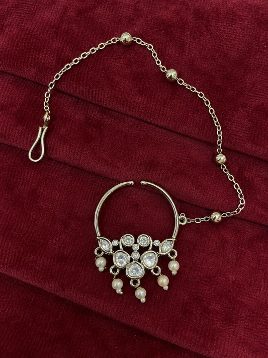 Kundan Polki Five Stone Floral Nath - White | Mehendi Gold