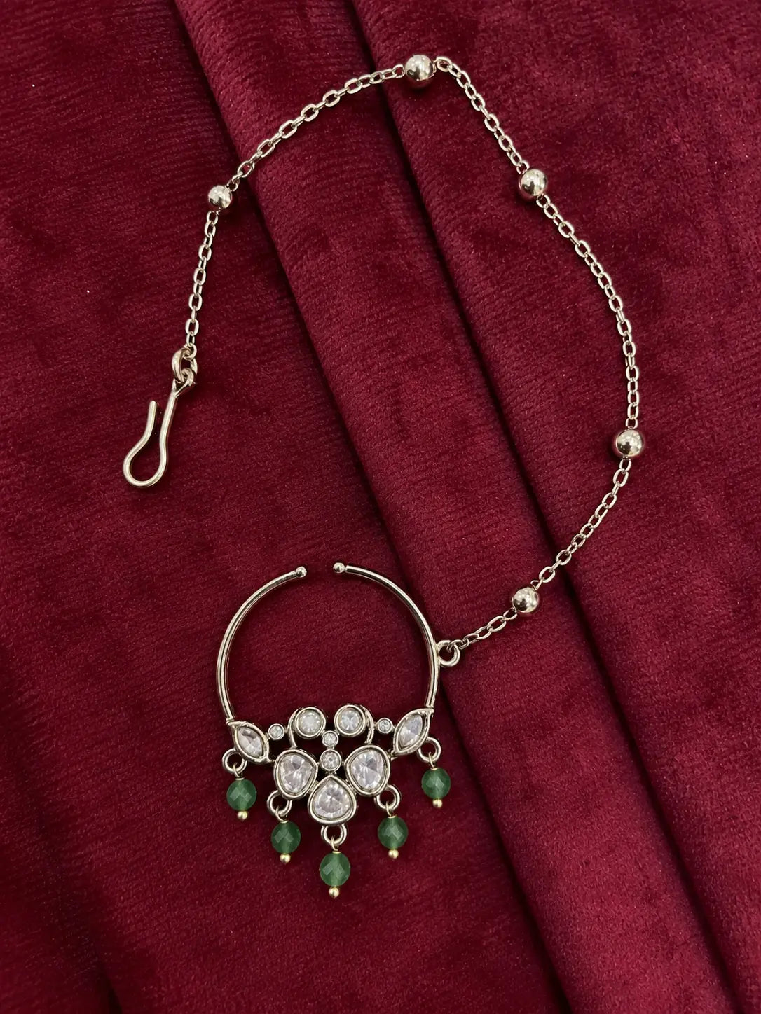 Kundan Polki Five Stone Floral Nath - Mint Green | Mehendi Gold