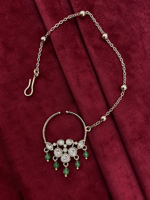 Kundan Polki Five Stone Floral Nath - Mint Green | Mehendi Gold