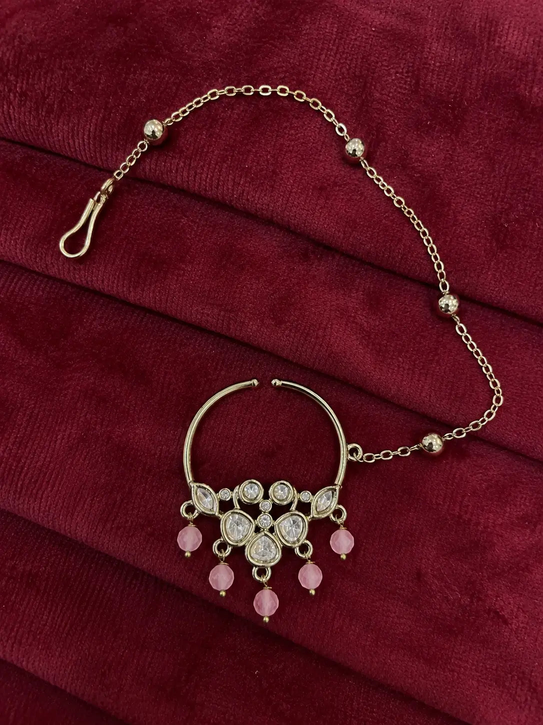 Kundan Polki Five Stone Floral Nath - Baby Pink | Mehendi Gold