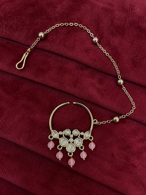 Kundan Polki Five Stone Floral Nath - Baby Pink | Mehendi Gold