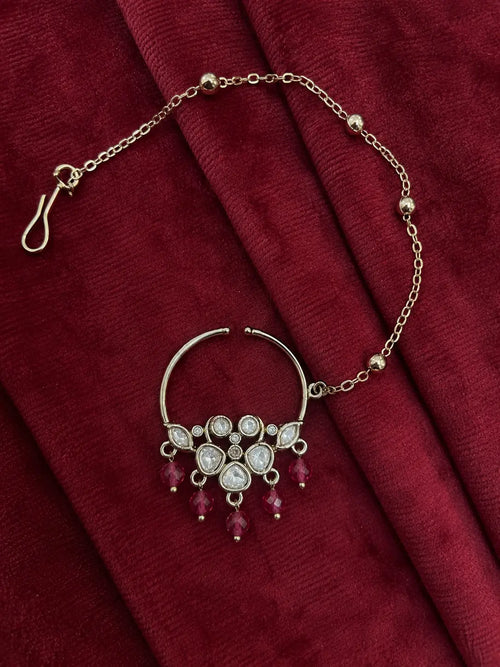 Kundan Polki Five Stone Floral Nath - Ruby Red | Mehendi Gold