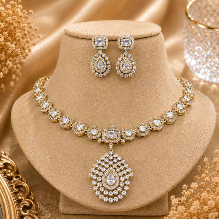 AD & Kundan Polki Teardrop Pendant Necklace and Earring Set | K Gold