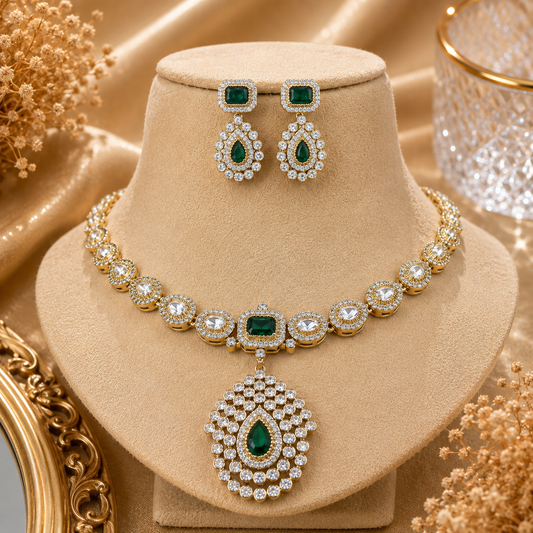 AD & Kundan Polki Teardrop Pendant Necklace and Earring Set | K Gold