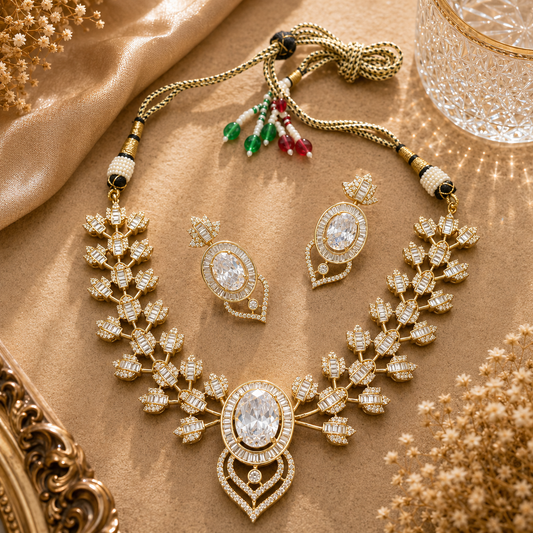 AD Baguette Lotus Leaf Oval Drop Necklace Earring Set