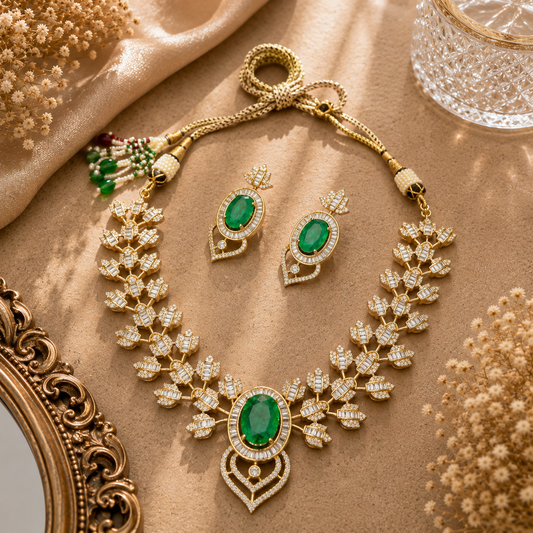 AD Baguette Lotus Leaf Oval Drop Necklace Earring Set
