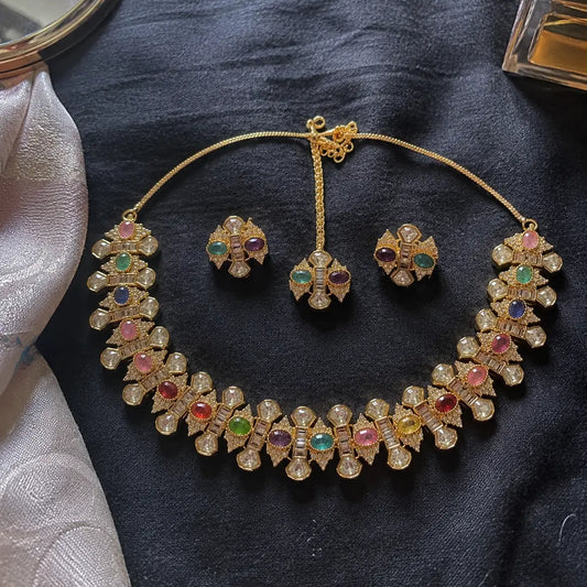 Kundan Polki Multi-Color CZ Baguette Cross Floral Choker Necklace Set - Multi-Color | K Gold