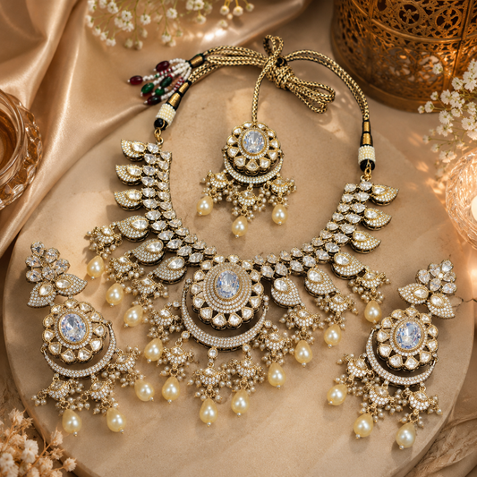 Kundan Polki Chand Bali Leaf Tassel Necklace Earring Tikka Set