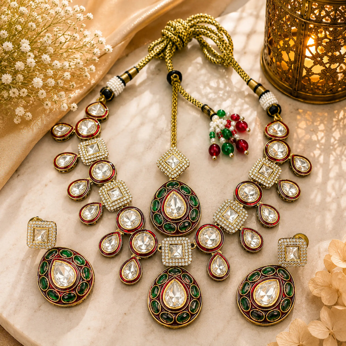 Kundan Polki Meenakari Oval Bib Necklace Set - Multi | Antique Gold